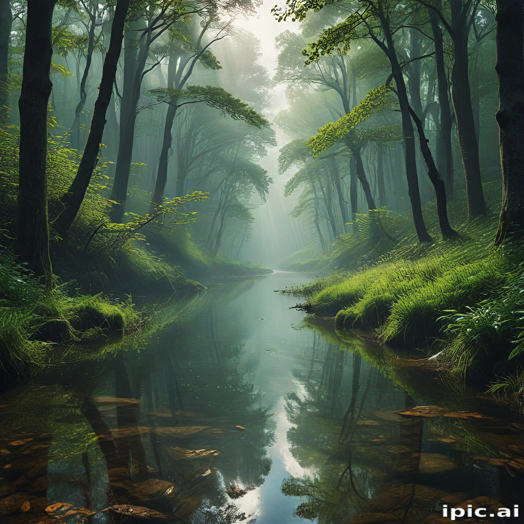 Tranquil Forest Scene with Misty Reflections in a Serene River