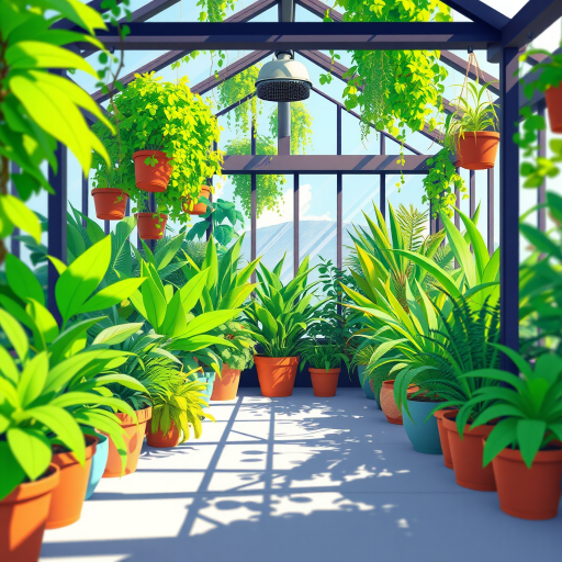 create a vibrant illustration of a modern greenhouse filled with a variety of lush green plants, featuring a watering can and decorative pots, use a digital art style, set the camera view to a slight angle for depth, apply a soft focus effect, and enhance colors for vividness.