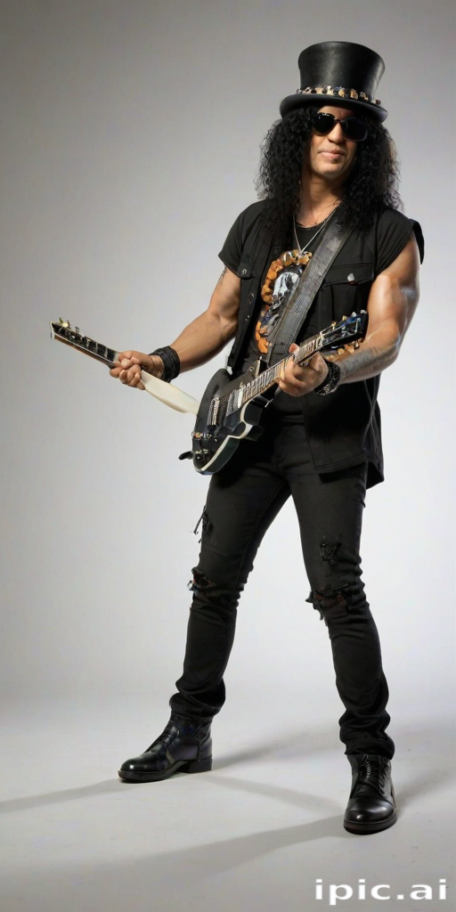 Rock Legend with Iconic Top Hat and Electric Guitar Ready to Perform