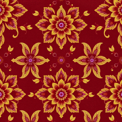 create a seamless pattern of intricate floral designs in rich burgundy background with gold and purple accents, 50mm lens, f/8 aperture, ISO 100, shot from above with a soft focus macro style, using a digital DSLR camera.