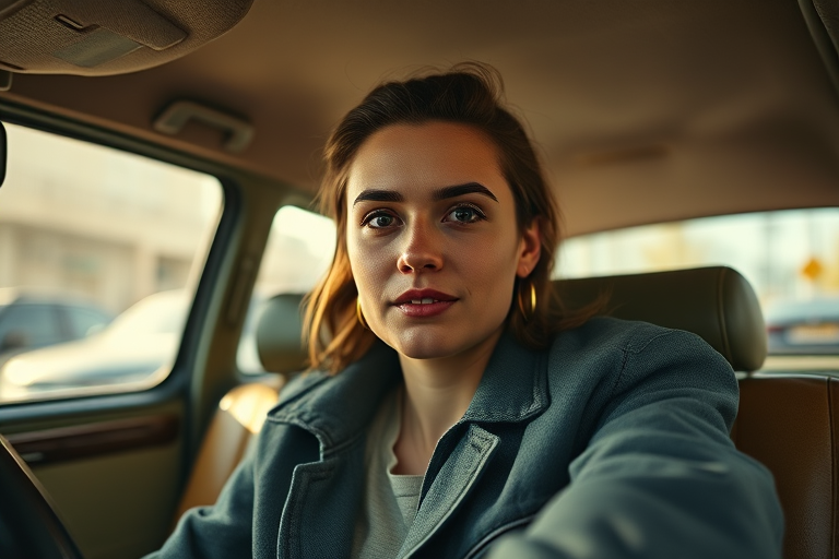 captured with a Canon EOS R5, 50mm lens, f/1.8 aperture, ISO 200, natural light, portrait mode, from a low angle to emphasize the subject in a vintage taxi interior