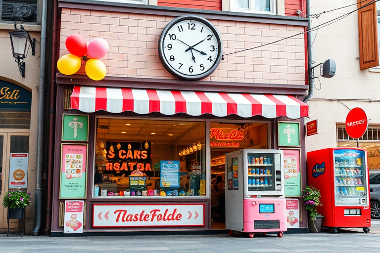 A colorful pixel art storefront with a clock and balloons, featuring a dessert display and vending machine, captured with a Canon EOS R5, 35mm lens, f/2.8 aperture, ISO 100, in soft daylight, from a low angle to emphasize the facade.
