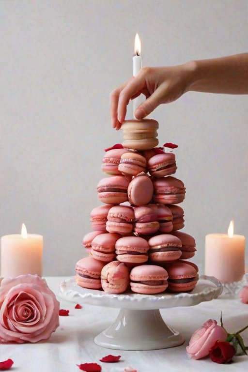 Create an image of a pink macaron tower decorated with roses and petals. A hand is lighting a candle on top of the tower, and the setting is elegant with a white tablecloth. The overall mood should be festive and romantic.