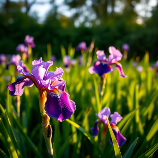Capture a close-up shot of vibrant purple irises surrounded by lush green foliage using a Canon EOS R5 with an 85mm f/1.4 lens, aperture set to f/2.8, ISO 100, and a shallow depth of field to create a soft background blur, shot in natural light during golden hour.