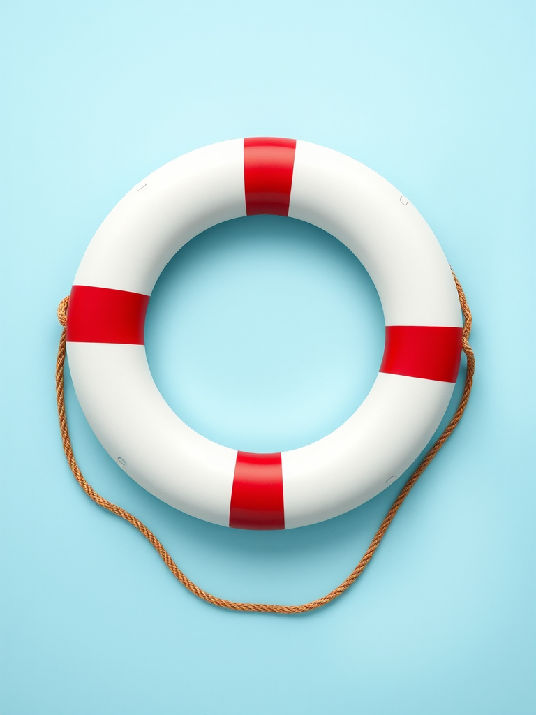 Create a high-resolution image of a life preserver with red and white sections, using a DSLR camera set to f/8 aperture, 50mm lens, ISO 100, with a shallow depth of field and a flat lay view for a clean and detailed presentation.