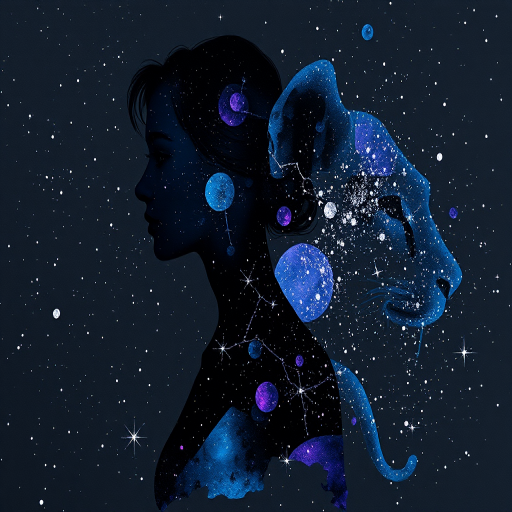 Captivating conceptual render alcohol ink art, double exposure, the paint strokes artfully merge combining a woman's full silhouette with a Sprightly serval's silhouette. The figures are composed of a series of colored dots, lines & spots that evoke the image of a cosmic galaxy, colors are deep shades of blue purple & black with flashes of white & silver representing distant stars. The woman's silhouette is formed within the lion's silhouette from constellations of scattered stars, surreal