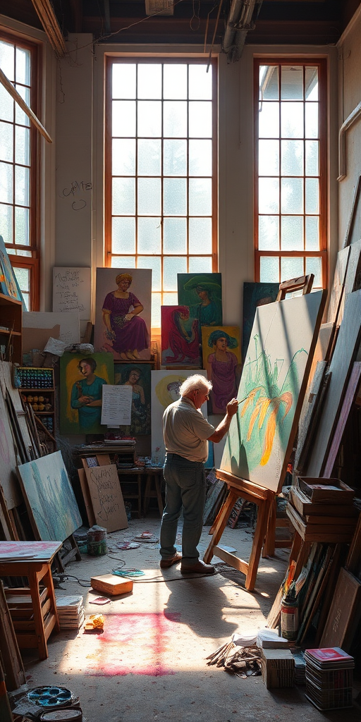 Artist’s studio, cluttered with canvases and paint supplies, a painter focused on a large canvas, sunlight streaming through tall windows, illuminating the vibrant colors of the paint and the creative chaos.