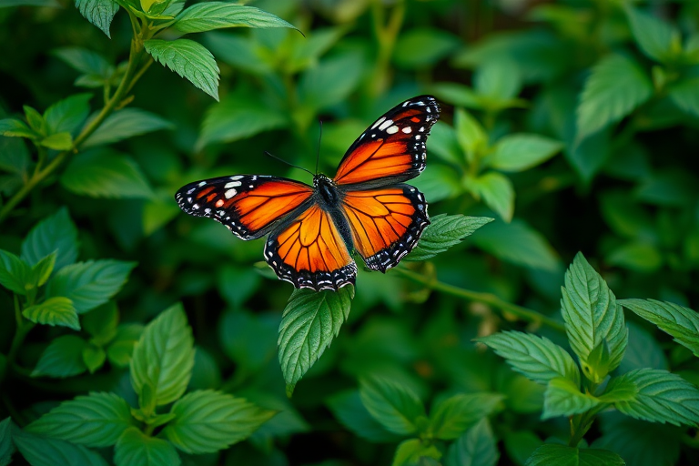 Generate an image of a butterfly perched on a leaf in a natural setting. The butterfly should have vibrant orange and black wings with white spots. Surround the butterfly with lush green foliage, including various plants and leaves, creating a serene and beautiful outdoor atmosphere. The lighting should be soft and natural, capturing the essence of a tranquil moment in nature.