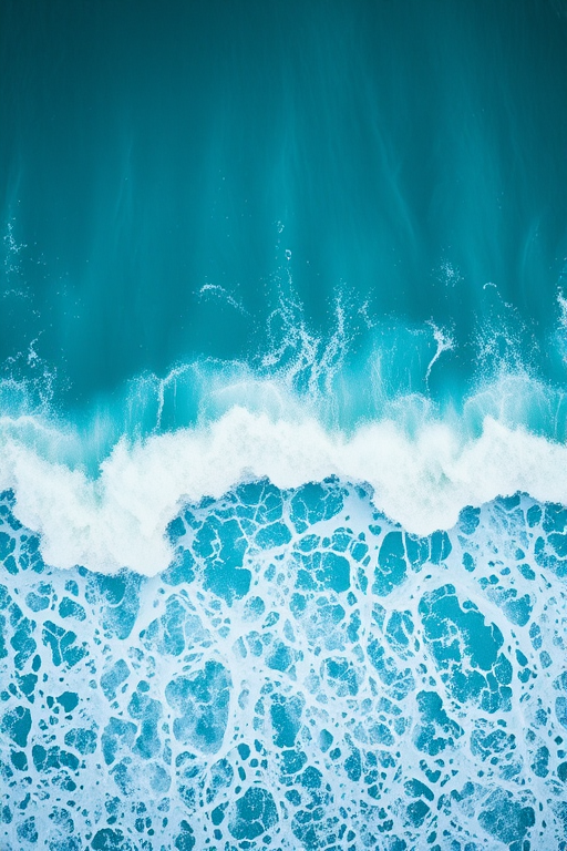 Capture a high-resolution image of ocean waves with vibrant blue hues, using a DSLR camera at f/8 aperture, ISO 100, 1/250 sec shutter speed, shot from a bird's eye view with a wide-angle lens.