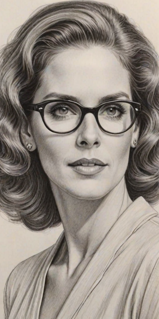 Alluring Julie Hagerty, pencil sketch, portrait of Gorgeous woman 1927s in glasses, hair style beatnik, outline, clear lines, fine lines, 8k