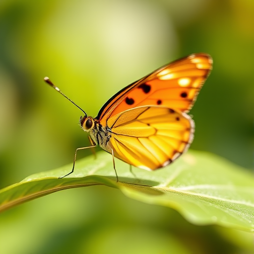 Close-up of a butterfly perched on a green leaf, natural sunlight, 50mm lens, f/2.8 aperture, ISO 200, shallow depth of field, macro photography, DSLR camera.