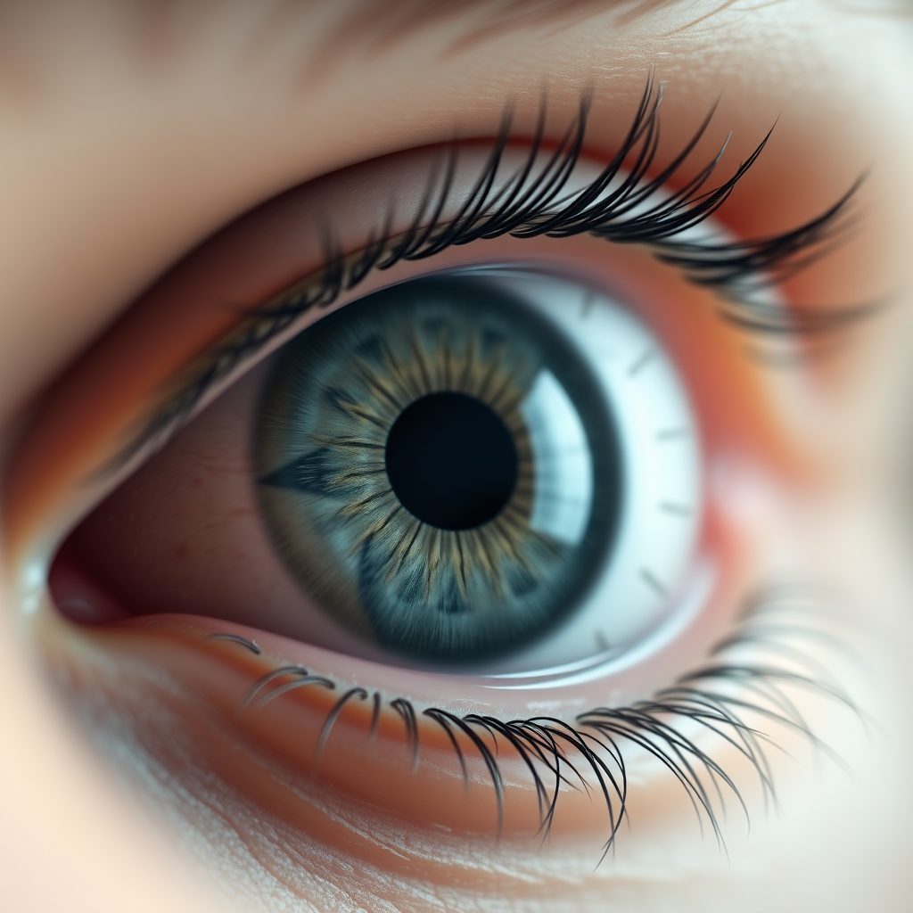Create a hyper-realistic 3D render of a human eye with detailed textures, using a 50mm lens, f/1.8 aperture, 1/125 sec shutter speed, and a soft focus background, captured with a DSLR camera in studio lighting.