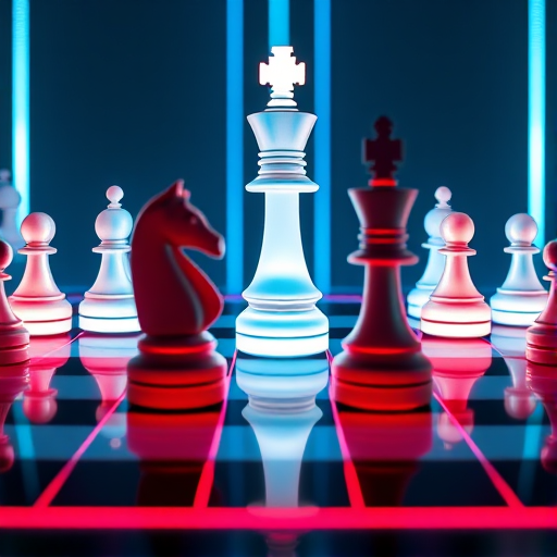 Create a futuristic chess scene with a glowing King piece at the center, flanked by neon Knight pieces, on a luminous grid chessboard, using a Canon EOS R5 camera, with a 50mm lens, f/1.8 aperture, ISO 100, 1/60 sec shutter speed, taken from a low angle view to emphasize the pieces and enhance color vibrancy.