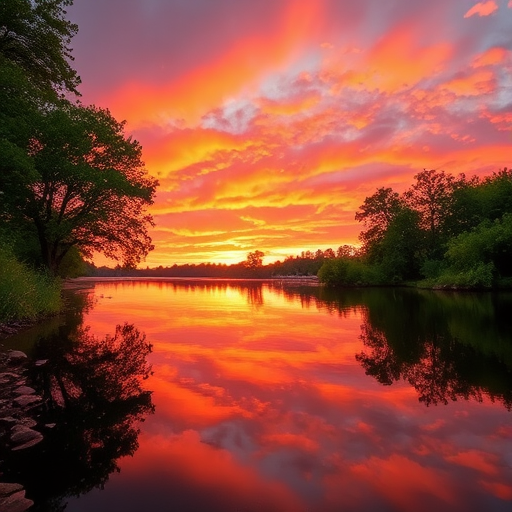 Generate a high-resolution image of a serene landscape at sunrise, with vibrant orange and pink skies reflecting on a calm lake, surrounded by lush green trees, captured with a DSLR camera at f/8 aperture, ISO 100, 1/200 sec shutter speed, using a wide-angle lens from a low vantage point for a dynamic perspective.