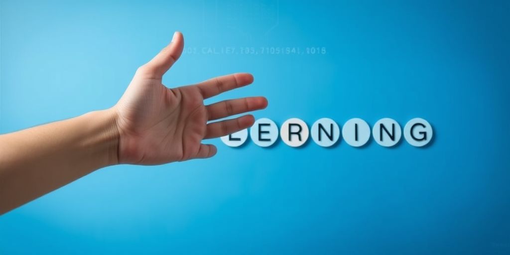 Create an image of a hand reaching towards the word "LEARNING" composed of circular letters, set against a smooth blue gradient background with digital patterns, use a Canon EOS R5 camera, 50mm lens, f/1.8 aperture, ISO 100, at a low angle view to enhance depth and focus on the hand and text.