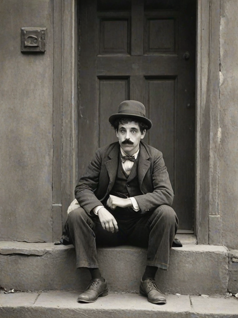 A black-and-white photograph of a man and a child sitting on steps in front of a doorway. The man is dressed as a tramp with a bowler hat, mustache, and ragged clothes, reminiscent of Charlie Chaplin's iconic look. He is sitting with his arms crossed and an expression of slight sadness or frustration. Next to him is a young boy, also in worn clothes and a cap, sitting with his hands clasped, looking thoughtful. The background is an old, textured wall and a partially open door, creating a vintage, early 20th-century atmosphere.