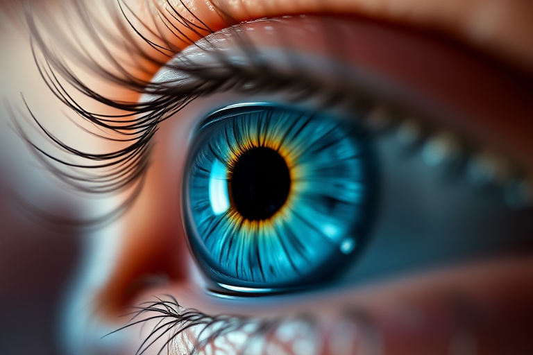 A close-up shot of a captivating blue eye with intricate details, softened lighting, and a shimmering background, captured with a Canon EOS R5, 85mm lens, f/1.2 aperture, ISO 100, 1/200 sec shutter speed, with a macro photography style for enhanced clarity and depth.
