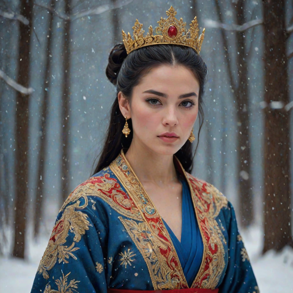 A young woman with long black hair styled in a high bun, adorned with a gold crown and intricate hair ornaments, stares intently at the viewer. She wears a vibrant red and gold embroidered robe with blue accents, a gold belt with a large ornate buckle, and a blue and gold shoulder piece. The woman is positioned in the center of the frame, with the background blurred and filled with falling snow. The image has a soft, ethereal feel with a focus on the woman's face and attire, creating a portrait-like composition. The colors are rich and saturated, with the red, gold, and blue of the clothing standing out against the muted blue and white of the snowy backdrop. The lighting is soft and diffused, casting a warm glow on the woman's face.  The overall mood is elegant and mysterious.  The details of the woman's attire, especially the intricate embroidery and embellishments, add a sense of opulence and grandeur.  The falling snow further enhances the sense of winter magic and wonder.