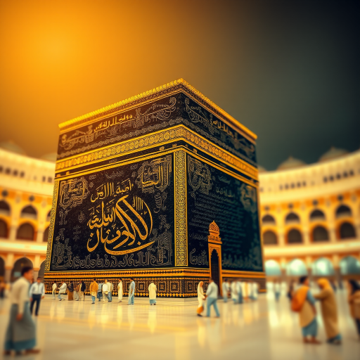 A detailed illustration of the Kaaba in Mecca, showcasing intricate patterns and textures, with warm golden and black tones, captured using a DSLR camera at f/1.8, ISO 100, 50mm lens, with a shallow depth of field and soft background bokeh for enhanced depth and focus.