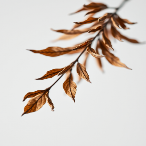 a detailed close-up of a dried plant with brown leaves on a white background, high aperture (f/2.8), shutter speed 1/125s, ISO 200, macro lens, studio lighting, DSLR camera