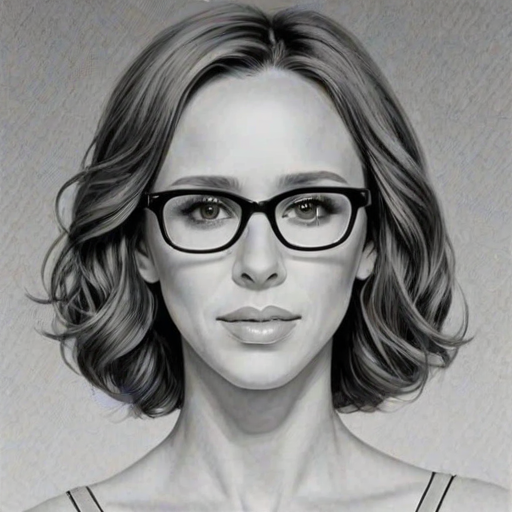 Resplendent Jennifer Love Hewitt, pencil sketch, portrait of Sublime woman 1936s in glasses, hair style beatnik, outline, clear lines, fine lines, 8k