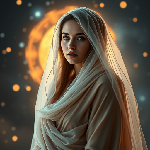Create a portrait of a woman in ethereal clothing with a flowing veil, set against a cosmic background with soft glowing elements, captured with a 85mm f/1.2 lens, aperture set to f/1.2 for a shallow depth of field, ISO 100, using a soft light source for warm illumination, in a high-resolution digital format.