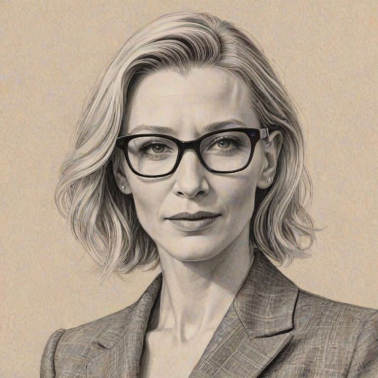 Fetching Cate Blanchett, pencil sketch, portrait of Stunning woman 1947s in glasses, hair style beatnik, outline, clear lines, fine lines, 8k