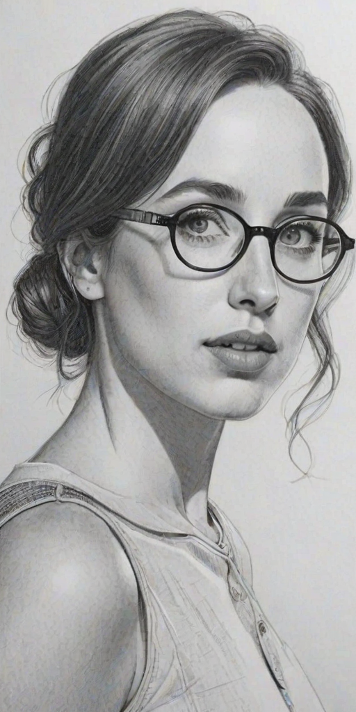 Lovely Zoe Lister-Jones, pencil sketch, portrait of Gorgeous woman 1976s in glasses, hair style beatnik, outline, clear lines, fine lines, 8k