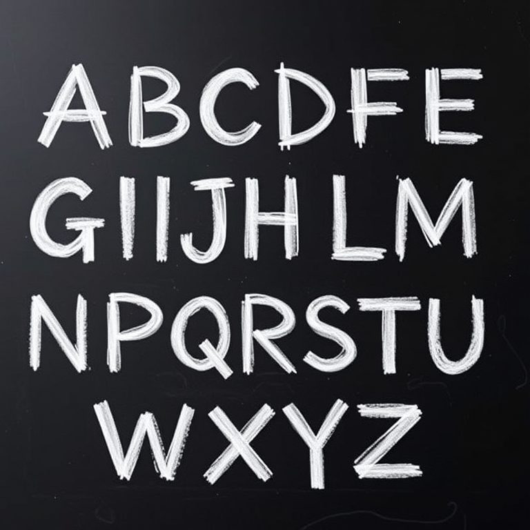 Create an image of the alphabet in uppercase letters, chalk-style font on a black chalkboard background, using a Canon EOS 5D Mark IV with a 50mm f/1.8 lens, aperture f/2.8, ISO 200, and a shallow depth of field to enhance the texture of the chalkboard.