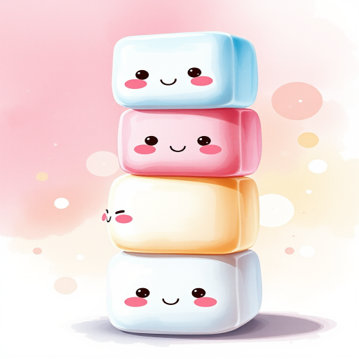 Create a whimsical illustration of six cute marshmallows stacked, with happy expressions and a watercolor effect, shot with a Canon EOS R5 at f/2.8, ISO 100, 50mm lens, soft diffuse lighting from the left, emphasizing vibrant colors and a playful mood.