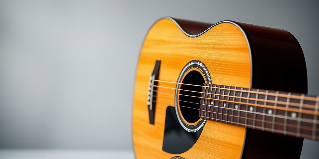 professional photograph of an acoustic guitar on a gradient background, close-up view, natural lighting, f/2.8 aperture, ISO 100, 50mm lens, high resolution
