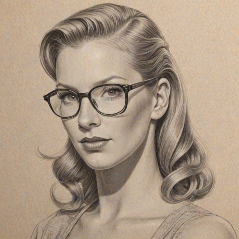 Alluring Heather Morris, pencil sketch, portrait of Exquisite woman 1943s in glasses, hair style beatnik, outline, clear lines, fine lines, 8k