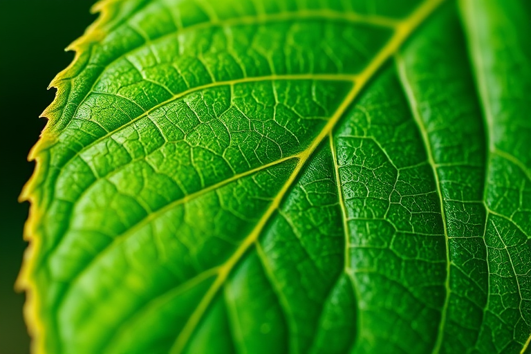 macro shot of a detailed green leaf with intricate veins and textures, natural lighting, ISO 100, aperture f/2.8, shutter speed 1/100s, 50mm lens, DSLR camera with a focus on depth of field for enhanced clarity and color saturation