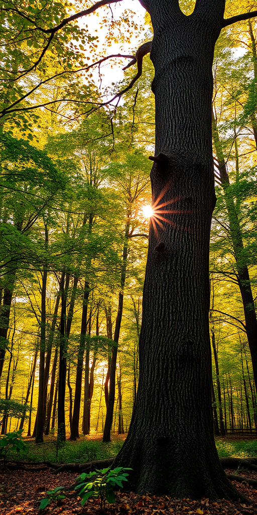 Create a detailed image of a tree in a vibrant forest during golden hour with soft light filtering through the leaves, camera settings: ISO 200, f/4, shutter speed 1/200 sec, camera view: slightly low angle emphasizing the height, camera style: natural, camera type: DSLR.