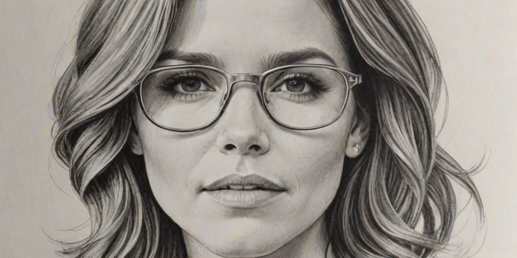 Comely Sophia Bush, pencil sketch, portrait of Elegant woman 1976s in glasses, hair style beatnik, outline, clear lines, fine lines, 8k