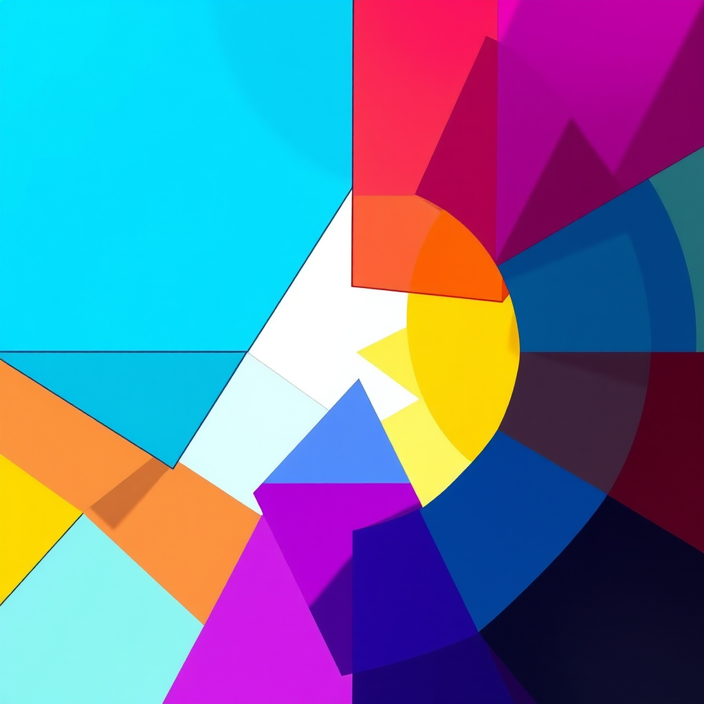 Generate a high-resolution image of abstract geometric shapes in a modern style with vibrant colors, using a Canon EOS R5 camera, ISO 100, aperture f/2.8, 24mm focal length, shot in natural light, top-down view.