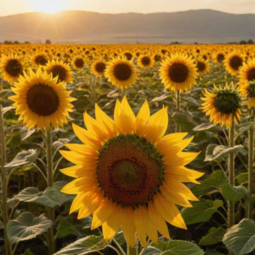 Sharp, high-resolution close-up of a sunflower field in full bloom, soft golden light from the setting sun illuminating the vibrant yellow petals, with distant bees buzzing in the air.