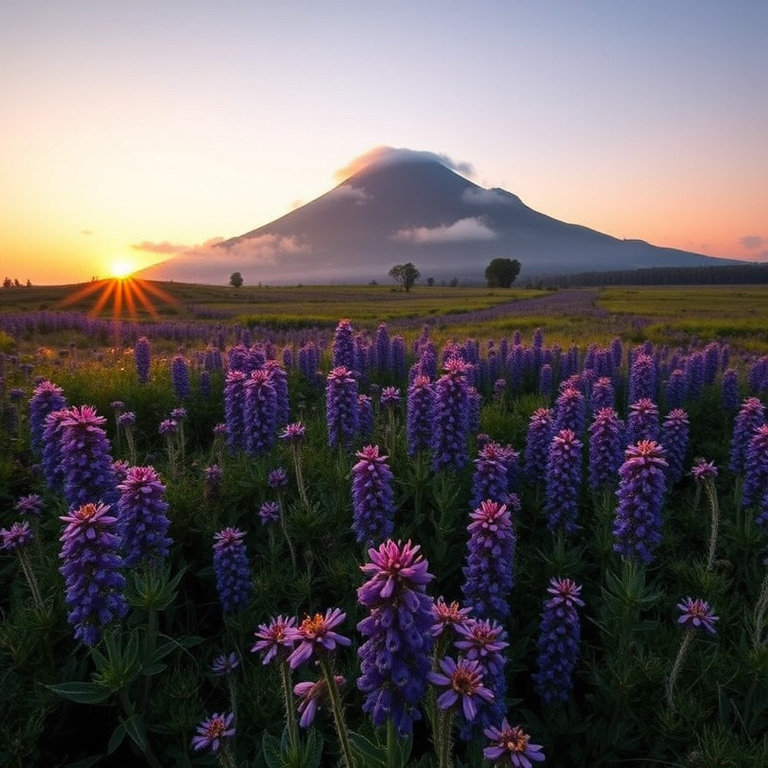 Landscape photograph of a purple flower field at sunrise with a misty mountain in the background, captured with a Canon EOS 5D Mark IV, 24mm lens, aperture f/8, ISO 100, shutter speed 1/200 sec, in a wide-angle view for depth and detail.