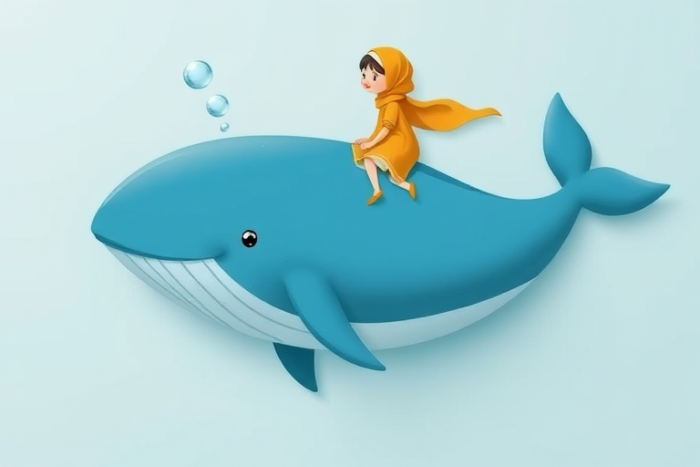 Create a whimsical illustration of a cartoon girl in a yellow dress and hijab riding a large blue whale in a light blue sea, include bubbles for added detail, shot with a digital camera at f/8 aperture, 50mm lens, in natural lighting, with a high-resolution, flat lay perspective.