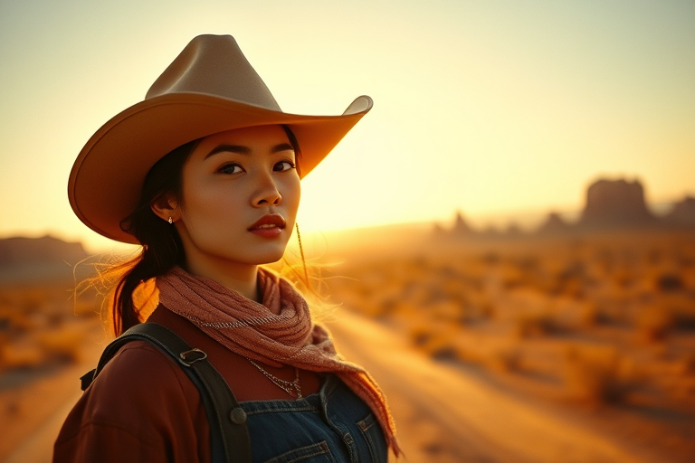 Dramatic photo of a beautiful Chinese woman, classic cowboy attire, confident and free spirit expression, half-length portrait, centered, golden hour desert landscape, warm, diffused light, low angle, medium format film camera, in style of Annie Leibovitz.