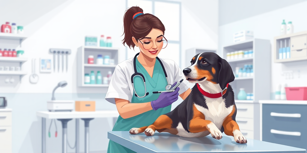 Create an illustration of a female veterinarian in a modern clinic examining a dog on a table, with veterinary tools and medicine in the background, using a Canon EOS R5 camera, 50mm lens, f/1.8 aperture, ISO 200, in bright, clean lighting, with a focus on vibrant colors and detailed expressions.