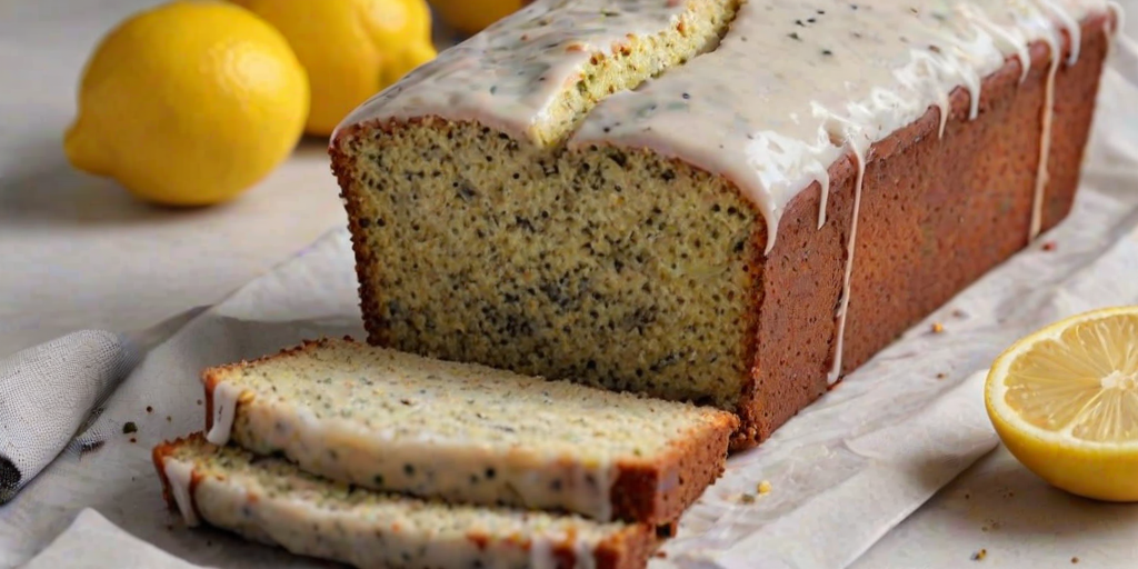 Generate an image of a freshly baked lemon poppy seed loaf cake with a light glaze on top. The cake should be sliced to show its moist, textured interior, with poppy seeds visible throughout. Display the cake on a neutral background, complemented by some lemon slices for decoration.
