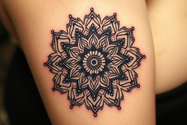 Dotwork mandala tattoo showcasing intricate patterns and sacred geometry, gradient shading creating depth and dimension, symmetrical design with meticulous attention to detail