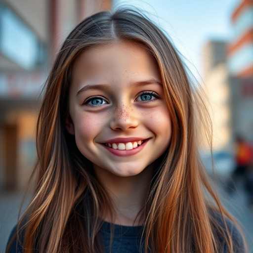 Create a portrait of a smiling young girl with long, flowing hair, freckles, and vibrant blue eyes, set in an urban background with soft bokeh, using a Canon EOS R5, 85mm f/1.2 lens, aperture set to f/1.2, ISO 100, shutter speed 1/200, natural daylight.
