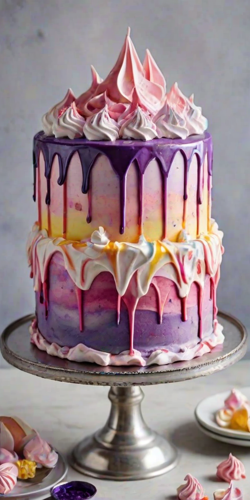 Create an image of a multi-layered cake with a smooth, watercolor-style icing in vibrant shades of pink, purple, and yellow. The top of the cake is decorated with swirled meringue peaks in similar colors. Add edible purple decorations, such as pearls and sprinkles, around the base of the cake on a silver cake stand.