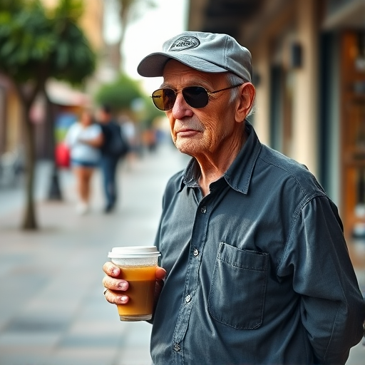 Capture an elderly person walking on a cafe street wearing sunglasses and a cap, holding a coffee cup and a drink, using a full-frame DSLR camera, 50mm lens, aperture f/2.8, shutter speed 1/200s, ISO 100, natural lighting, shallow depth of field for a blurred background.