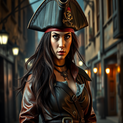 Create a portrait of a fierce female pirate. She wears a leather tricorn hat adorned with a skull and crossbones emblem, and her long, dark hair flows around her face. Her outfit consists of a richly detailed leather jacket, a corset, and multiple layers of belts and accessories, giving her a formidable and stylish appearance. She stands confidently in a dimly lit, historic port town, with a backdrop of weathered buildings and cobblestone streets, capturing the adventurous spirit of a pirate.