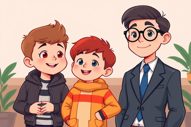 Create an illustration of a family scene featuring three cartoon boys of different ages and a man in business attire, with vibrant colors and smooth lines, captured in a digital art style, using a Canon EOS R with 50mm f/1.8 lens, aperture set to f/4, ISO 100, and a shallow depth of field for enhanced clarity.