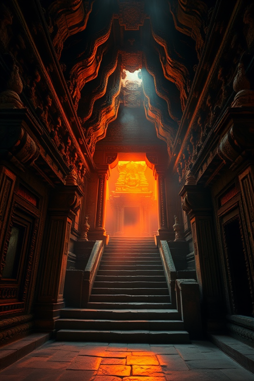 a mystical ancient temple interior with glowing orange light at the end of a stone corridor, atmospheric fog, intricate stone carvings, and a staircase leading to a mystical alter, captured with a DSLR camera, 24mm lens, f/1.8 aperture, ISO 200, 1/60 sec shutter speed, in a low-angle view to emphasize depth and grandeur