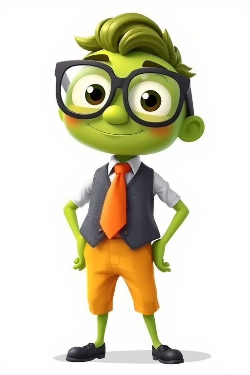 Create a cartoon-style illustration of a green character with large glasses, wearing a grey vest, orange tie, and yellow trousers, standing confidently against a simple white background, shot with a DSLR camera at f/2.8, 85mm focal length, ISO 200, and soft natural lighting to enhance colors and details.